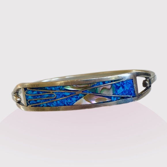 925 Sterling Silver Jewelry - Vintage Silver and Turquoise and Abalone Women's bangle Bracelet